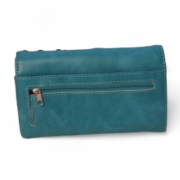 Turquoise Faux Leather Feather Arrow Convertible Wallet Clutch Crossbody - Picture 3 of 16